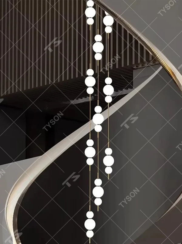 Modern light luxury style multi-group staggered spherical chandelier, with gold metal suspension rods paired with milky white luminous bulbs, arranged in a cascading streamlined layout, emitting soft and even light, combining decorativeness and practicality, suitable for core lighting and atmosphere creation in high-ceiling spaces such as duplex stairs, high-ceiling living rooms, and villa hollow areas.