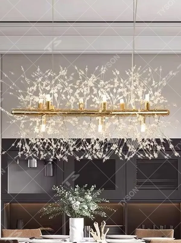 Light luxury dandelion-firework shaped spherical chandelier, with a gold metal frame and transparent luminous branch-leaf structure, emitting soft and brilliant light. It combines artistic decorativeness and lighting function, suitable for atmosphere creation and main lighting in living rooms, dining rooms, bedrooms and other spaces.