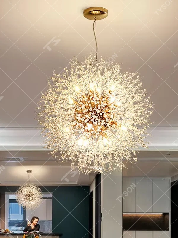 Light luxury style dandelion-shaped chandelier, composed of a gold metal frame and a transparent luminous branch and leaf structure, presenting a spherical blooming effect. It emits soft and bright light, combining artistry and lighting function, suitable for atmosphere creation and main lighting in living rooms, dining rooms, bedrooms and other spaces.