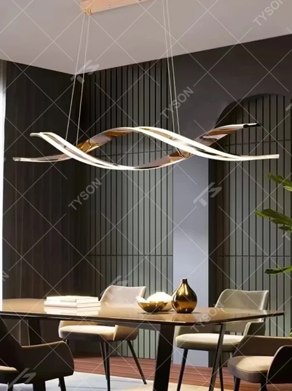 Modern minimalist wave-shaped LED chandelier, featuring a black-and-white dual-color line design, shaped like flowing ocean waves. It emits soft and even light, combining artistic decorativeness and lighting function, suitable for atmosphere creation and main lighting in dining rooms, bars, living rooms and other spaces.