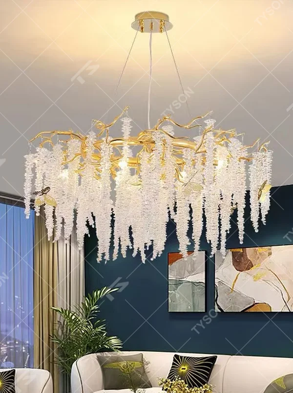 Modern light luxury vine-tassel crystal chandelier, with a gold branch-shaped metal frame paired with cascading crystal particles, emitting brilliant and soft light, combining artistic decorativeness and lighting function, suitable for core lighting and atmosphere creation in living rooms, dining rooms, villa high-ceiling spaces, etc.