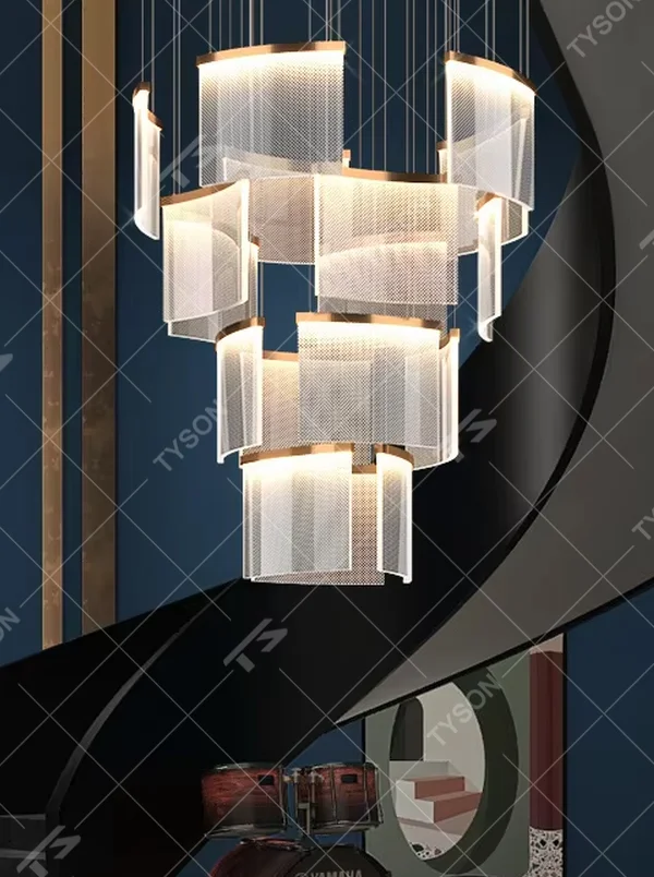 Modern light luxury multi-layer staggered rectangular cascading chandelier, with gold metal frames paired with semi-transparent textured lampshades, in a stacked floating shape, emitting soft and even light, combining artistic decorativeness and lighting function, suitable for core lighting and atmosphere creation in high-ceiling spaces such as duplex stairs, high-ceiling living rooms, and high-end clubs.