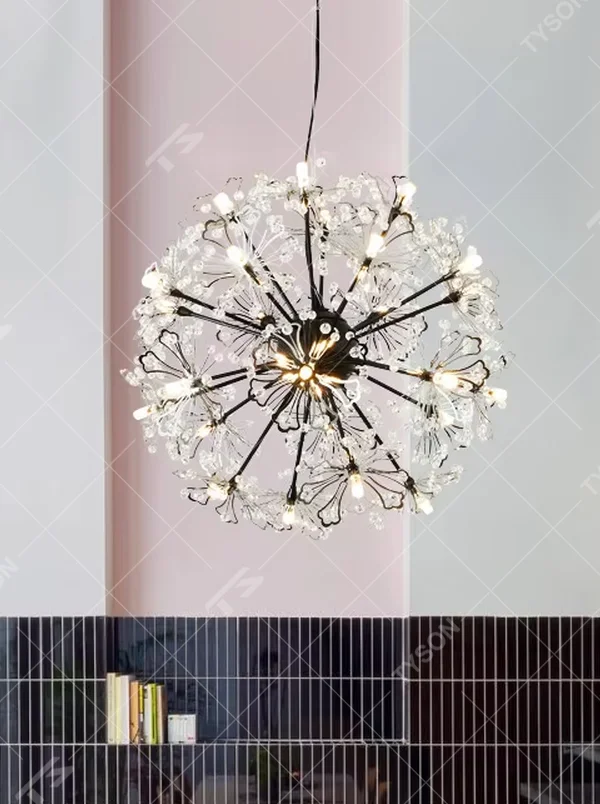 This is a modern light luxury firework-shaped chandelier, featuring a gold metal branch structure paired with transparent crystal decorations, as brilliant and dynamic as a blooming dandelion. It emits soft and warm light, serving both lighting and artistic decoration purposes, suitable for light luxury dining rooms, villa living rooms, high-end clubs, showrooms and other scenarios.