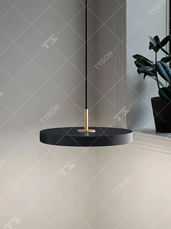 This is a modern minimalist style disc chandelier, featuring a matte black lamp body paired with a gold metal connecting rod. It has a simple and elegant shape, emits soft and uniform light, serving both lighting and decorative purposes, suitable for home office areas, minimalist dining rooms, studies, light luxury bars and other scenarios.