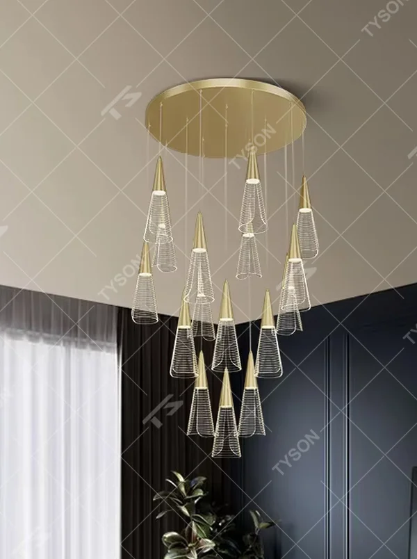 This is a modern minimalist staggered cone mesh chandelier, featuring a black metal base paired with multiple hollow mesh cone lampshades. It emits soft and transparent light, serving both lighting and decorative purposes, suitable for duplex staircases, light luxury living rooms, dining rooms, bars and other scenarios.