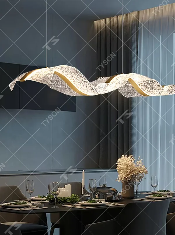 This is a modern art-style wavy suspended chandelier, made of white light-transmitting panels to create a dynamic undulating wave shape, with both decorative and lighting functions, ideal for commercial spaces such as front desks and reception areas.