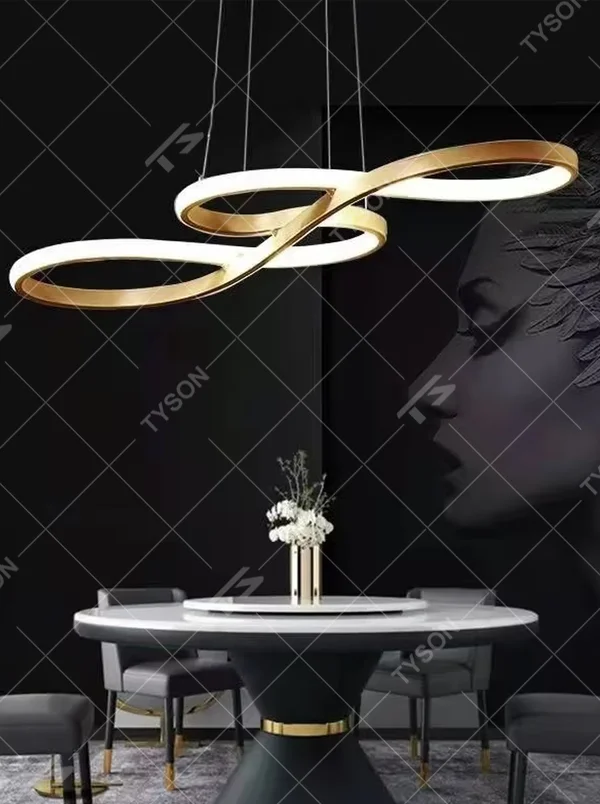 A modern light luxury style double-loop interwoven LED chandelier, featuring a smooth interwoven ring frame made of gold metal, with built-in high-brightness LED strips. It emits a soft and uniform glow when lit, combining decorative appeal with practical illumination, ideal for creating a minimalist and sophisticated space atmosphere.
