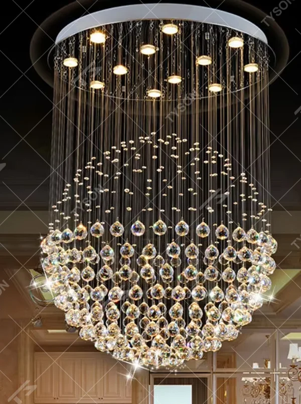 This light luxury crystal ball pendant chandelier features a circular metal base paired with metal wires and dense crystal balls, forming a full spherical shape, with dazzling light, serving both lighting and decorative purposes, suitable for high-end residential spaces such as high-ceiling living rooms and villas.