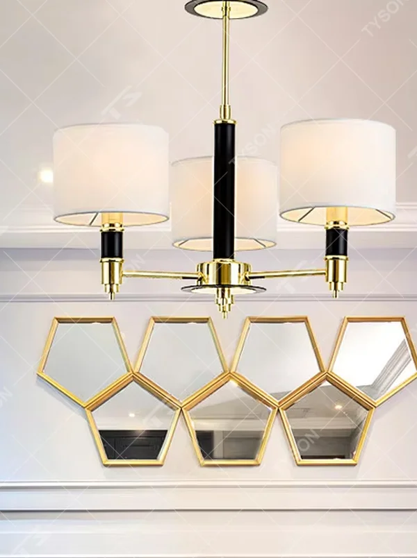 Modern light luxury black-gold contrasting chandelier, with a golden metal frame paired with black decorations and blue transparent glass lampshades, featuring a minimalist and elegant shape, combining decorative and lighting functions, suitable for living rooms, dining rooms, high-end clubs and other modern style spaces.