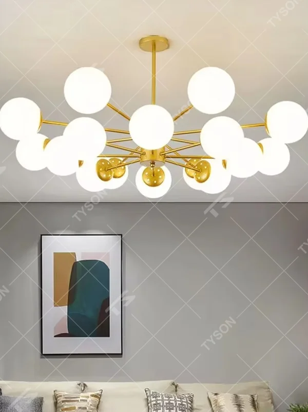 Modern light luxury starry sky molecular ball chandelier, with a golden metal frame paired with milky white frosted glass ball lampshades, shaped like a cluster of interstellar molecules, featuring soft and uniform light, combining decorative and lighting functions, suitable for living rooms, dining rooms, light luxury style spaces.