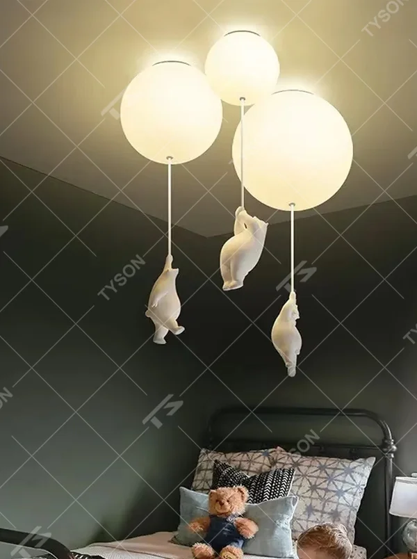 Playful balloon-shaped children's chandelier, with milky white glass ball lampshades and cute little duck pendants, featuring soft and warm light, combining decorative and lighting functions, suitable for children's rooms, parent-child bedrooms and other playful style spaces.