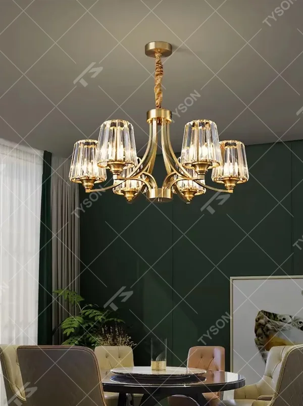 Modern Light Luxury Branch Crystal Chandelier, Gold Metal Frame with Transparent Ribbed Crystal Shades, Serves Both Lighting and Decorative Purposes, Ideal for Living Rooms, Dining Rooms, Villas and Other Light Luxury Spaces.