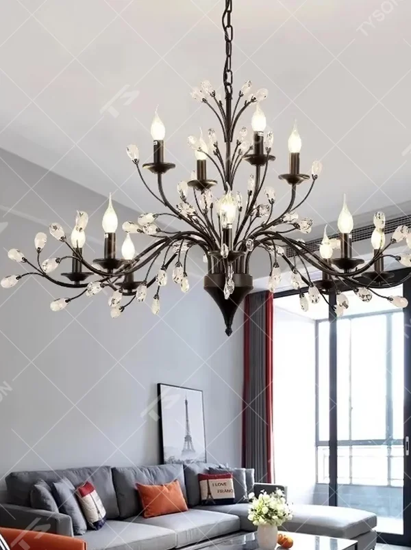 A modern light luxury and retro combined branch chandelier, featuring an extended multi-layer branch structure made of dark brown metal, adorned with crystal particles and candle-shaped bulbs. It emits a brilliant yet soft glow when lit, combining decorative appeal with practical illumination, ideal for creating a romantic and sophisticated space atmosphere.