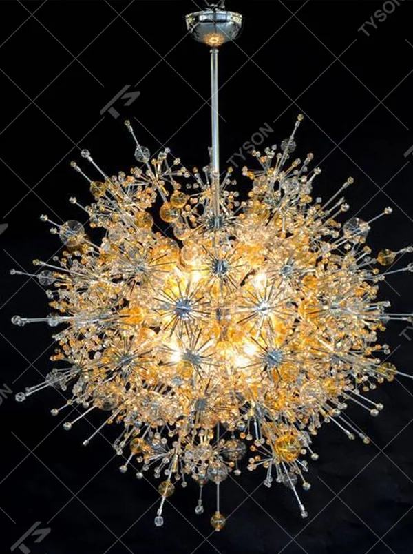 Modern artistic dandelion-shaped chandelier, with metal branches and crystal/glass particles creating a radial spherical structure, featuring bright and soft light, combining decorative and lighting functions, suitable for living rooms, dining rooms, high-end clubs and other modern art style spaces.