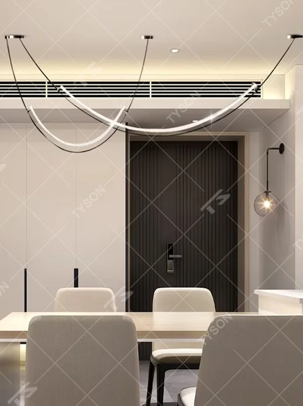 A modern minimalist style double-arc linear chandelier, featuring a black metal frame with built-in white LED light strips, shaped like flowing light arcs suspended in space. It emits a soft and uniform glow when lit, combining decorative appeal with practical illumination, ideal for creating a minimalist and sophisticated space atmosphere.