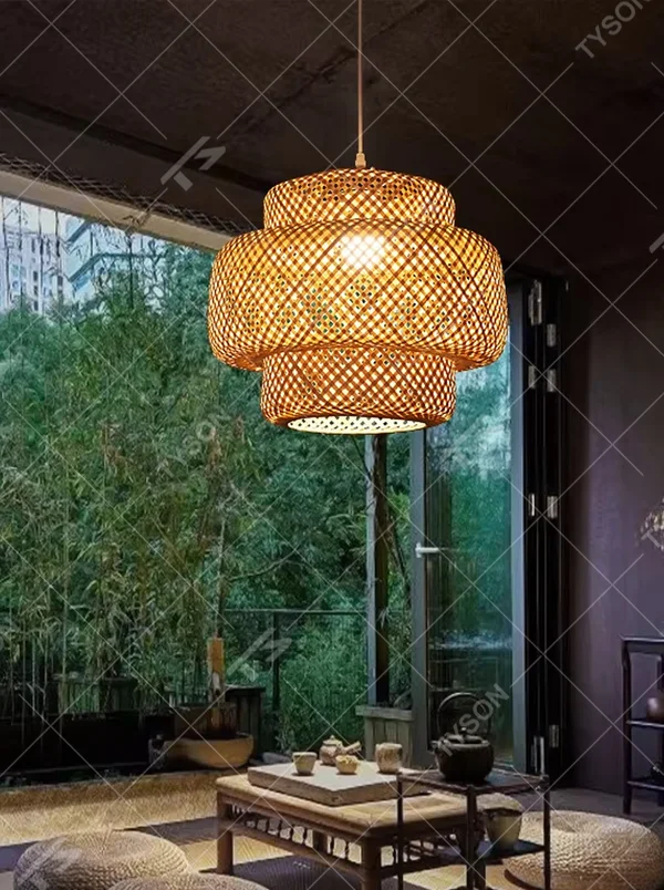 This retro-style bamboo woven cone chandelier is made of natural bamboo strips woven into a hollow cone shape. Warm light refracts through the bamboo texture to emit a soft halo, serving both lighting and decorative purposes, suitable for atmospheric spaces such as retro restaurants and bars.