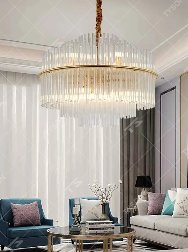 Modern Light Luxury Round Crystal Strip Chandelier, Gold metal ring frame with suspended transparent crystal strips, serves both lighting and decorative purposes, ideal for dining rooms, living rooms, hotel lobbies, high-end clubs, etc.
