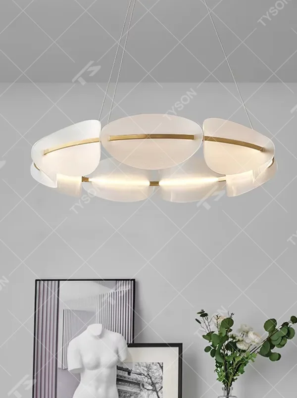 A modern light luxury style circular petal chandelier, featuring a double-layer milky white frosted acrylic main body with gold metal strip decorations and built-in LED strips. It emits a soft and warm glow when lit, combining decorative appeal with practical illumination, ideal for creating an elegant and gentle space atmosphere.