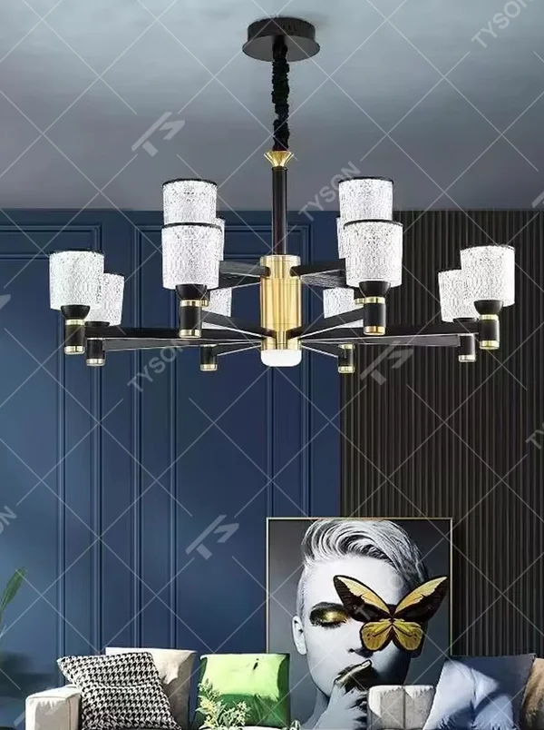 A modern light luxury style multi-head chandelier, featuring a gold metal frame paired with cut-texture crystal glass lampshades, with an additional auxiliary light source in the center. It emits a brilliant and soft glow when lit, combining decorative appeal with practical illumination, ideal for creating an exquisite and high-end space atmosphere.
