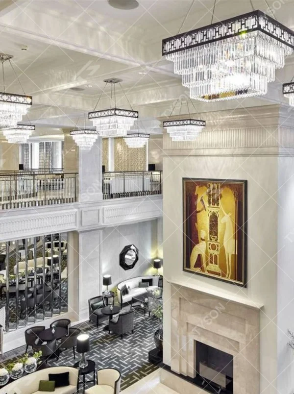 Modern light luxury rectangular multi-layer crystal chandelier, with a black-framed metal frame and layered transparent crystal strips, featuring bright and soft light, combining decorative and lighting functions, suitable for hotel lobbies, high-end clubs, commercial atriums and other high-ceiling commercial spaces.