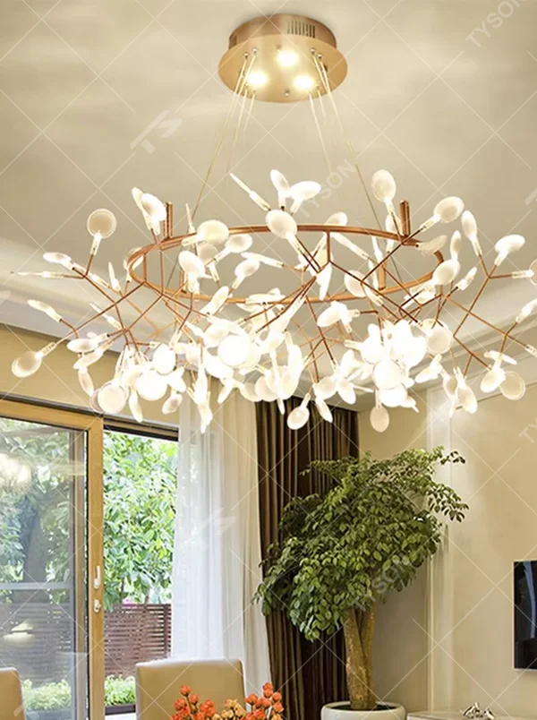 A modern light luxury style firefly branch chandelier, featuring a bionic branch frame made of gold metal, paired with multiple white light-emitting points, shaped like fireflies perched on branches on a summer night. It emits a soft and dynamic glow when lit, combining decorative appeal with practical illumination, ideal for creating a romantic and healing space atmosphere.