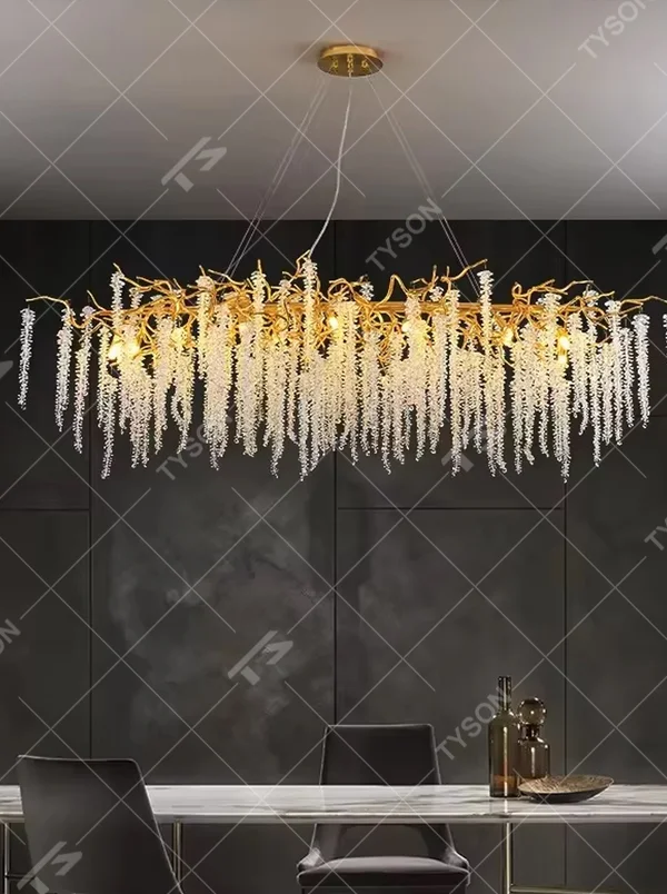 Modern Luxury Branch-Shaped Crystal Chandelier, Gold Metal Frame with Cascading Crystal Tassels, Serves Both Lighting and Decorative Purposes, Ideal for Dining Rooms, Living Rooms, Villas, High-End Clubs, etc.