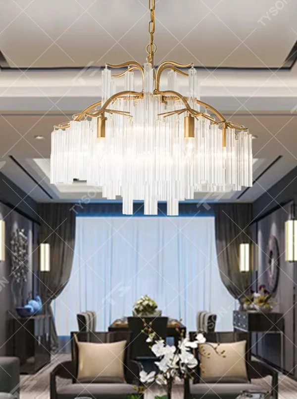 This light luxury golden branch cloud waterfall chandelier features a cloud shape made of golden branch-like metal frames and transparent crystal strips, with light refracting a soft halo through the crystals, serving both lighting and decorative purposes, suitable for modern light luxury spaces such as living rooms and dining rooms.