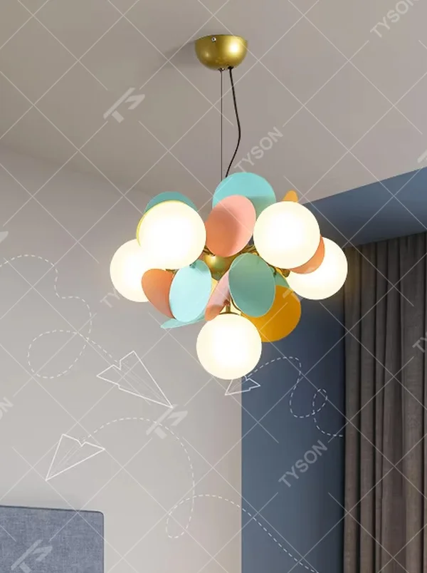 A modern art style branch chandelier, featuring a gold metal frame paired with colorful matte discs and milky white glowing spheres. It emits a soft and warm glow when lit, combining decorative appeal with practical illumination, ideal for creating a lively and soothing space atmosphere.