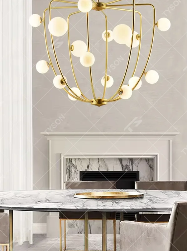 This light luxury rhombus cluster chandelier features a rhombus polyhedron frame made of gold metal, paired with white spherical lampshades, with soft and dreamy light, serving both lighting and decorative purposes, suitable for modern light luxury spaces such as living rooms and dining rooms.