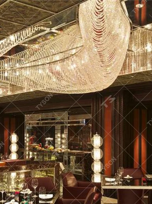 Modern luxury red-white gradient wavy crystal ceiling lamp, with dense crystal particles creating a flowing wavy shape, the red-white gradient texture has strong visual tension, combining decorative and main lighting functions, suitable for large-scale commercial spaces such as high-end banquet halls, clubs, and hotel lobbies.