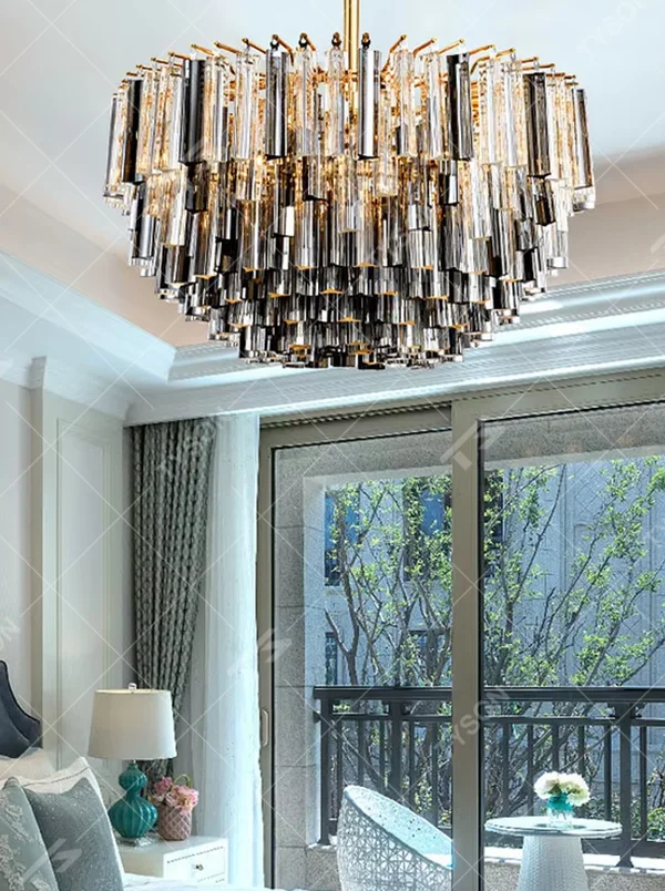 Modern Light Luxury Multi-layer Spherical Crystal Chandelier, Gold metal frame with layered transparent and black-gold crystal strips, serves both lighting and decorative purposes, ideal for living rooms, dining rooms, villas, hotel guest rooms and other light luxury spaces.