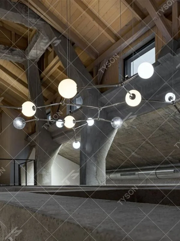 Modern Industrial Style Molecular Structure Chandelier, Chrome Metal Frame with Milk White Luminous Spherical Shades and Transparent Decorative Balls, Serves Both Lighting and Decorative Purposes, Ideal for LOFT High-Ceiling Spaces, Creative Offices, Industrial Style Restaurants, etc.