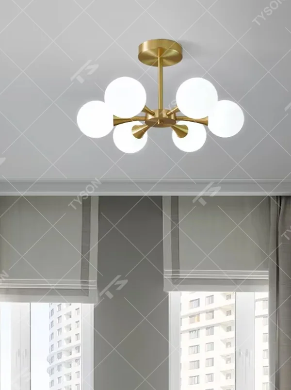 Modern minimalist molecular ball semi-flush mount ceiling light, with a golden metal frame and milky white glass ball lampshades, featuring soft and uniform light, combining decorative and lighting functions, suitable for bedrooms, studies, small living rooms and other modern style spaces with low floor heights.