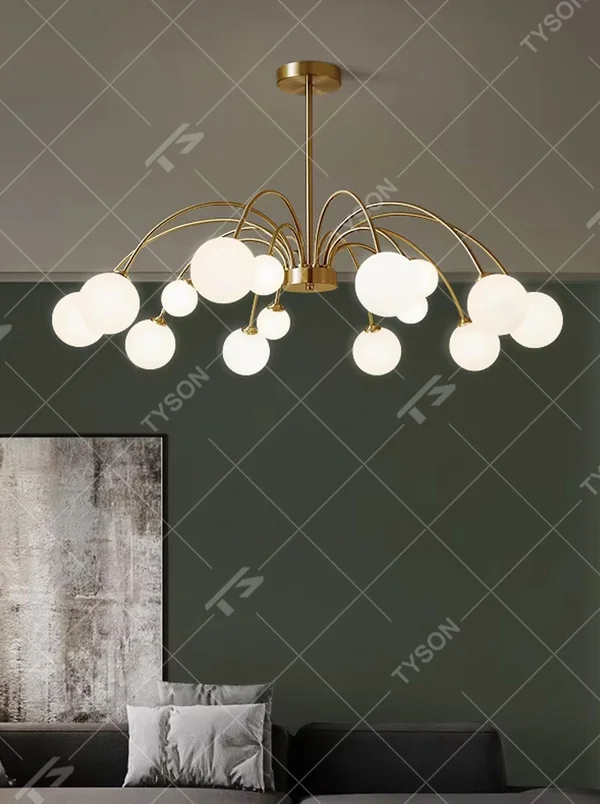 A modern light luxury style firefly chandelier, featuring a gold metal curved branch frame paired with multiple milky white glass glowing spheres of varying sizes, shaped like a blooming dandelion or flying fireflies. It emits a soft and uniform glow when lit, combining decorative appeal with practical illumination, ideal for creating a romantic and dynamic space atmosphere.