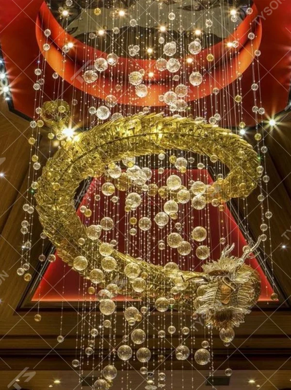 This large multi-layer ring crystal chandelier features a red-gold contrasting metal frame paired with dense crystal beads and gold ring decorations, with dazzling light, serving both lighting and decorative purposes, suitable for luxury commercial spaces such as casinos and high-end clubs.