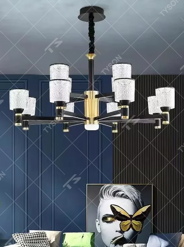 This light luxury modern gold crystal chandelier features a radial bracket made of gold metal, paired with faceted crystal lampshades, with brilliant and soft light, serving both lighting and decorative purposes, suitable for modern light luxury spaces such as living rooms and dining rooms.