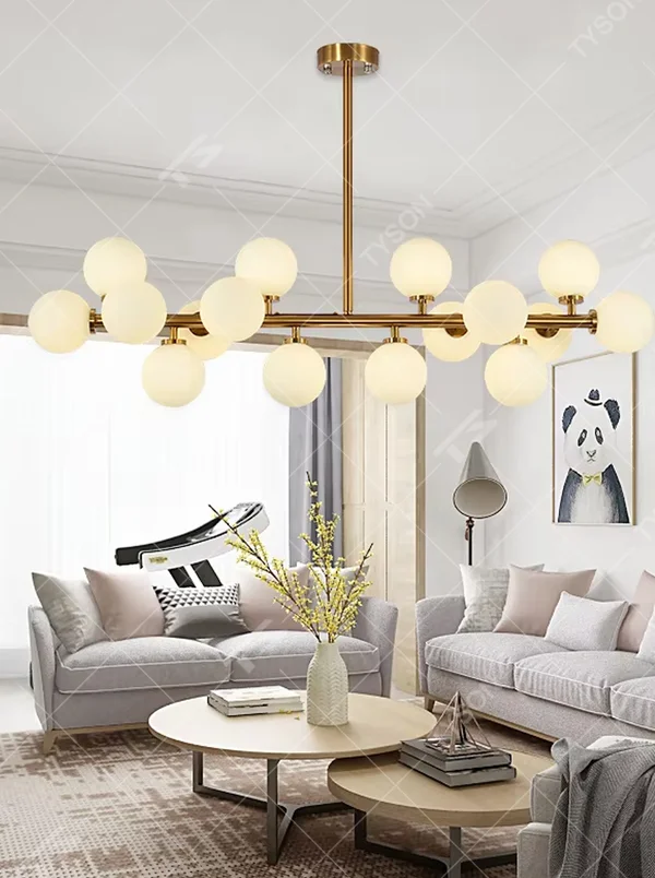 Modern minimalist black rod molecular ball linear chandelier, with a black metal frame paired with staggered milky white glass ball lampshades, shaped like an interstellar molecular cluster, featuring soft and uniform light, combining decorative and lighting functions, suitable for dining rooms, living rooms, open spaces and other modern style scenarios.