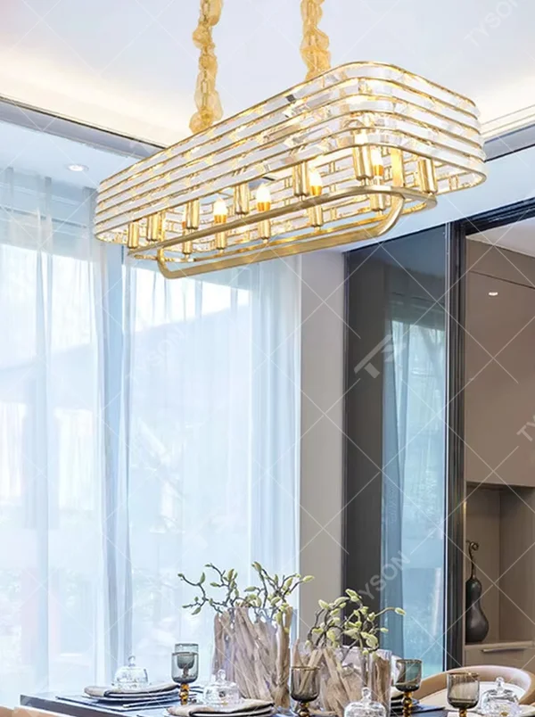 Modern Light Luxury Rectangular Layered Crystal Chandelier, Gold metal frame with multi-layer transparent crystal strips, serves both lighting and decorative purposes, ideal for dining rooms, living rooms, villas and other light luxury spaces.