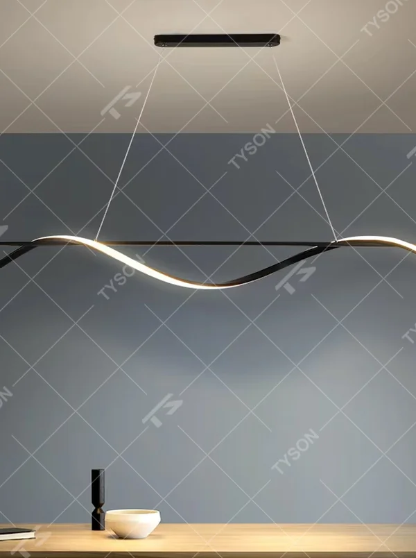 A modern minimalist wave-shaped linear LED chandelier, featuring a black metal frame with built-in soft LED strips, shaped like flowing water wave lines, combining lighting and decorative functions, ideal for creating a minimalist and sophisticated space atmosphere.