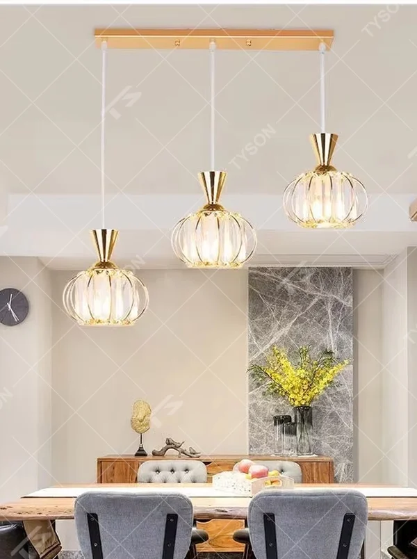 A modern industrial-style 3-head chandelier, featuring a staggered spherical cage frame made of black iron, paired with striped glass lampshades. It emits a soft and transparent glow when lit, combining decorative appeal with practical illumination, ideal for creating a bold and minimalist space atmosphere.