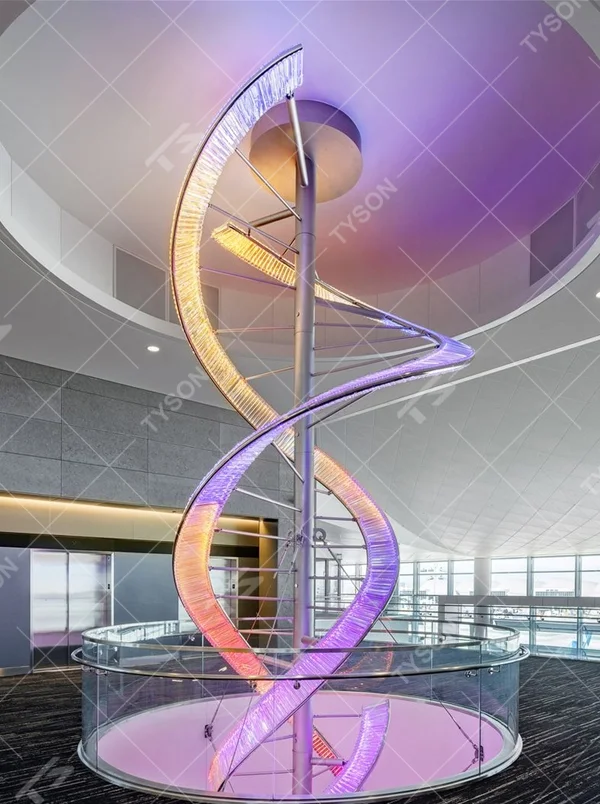 This is a large suspended art installation lamp, supported by a metal frame with blue-purple-cyan gradient LED light strips, featuring an abstract spiral and crescent shape, with both decorative and lighting functions, ideal as artistic decorative lighting for public spaces.