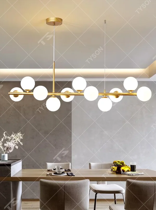 Modern light luxury golden linear molecular ball chandelier, with a golden metal frame paired with staggered milky white glass ball lampshades, featuring soft and uniform light, combining decorative and lighting functions, suitable for dining rooms, bars, open kitchens and other modern style spaces.
