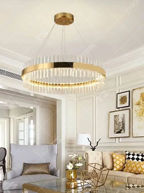 Modern Light Luxury Double-Layer Round Crystal Chandelier, Gold metal ring frame with double-layer suspended transparent crystal strips, serves both lighting and decorative purposes, ideal for living rooms, dining rooms, villas, hotel lobbies and other light luxury spaces.