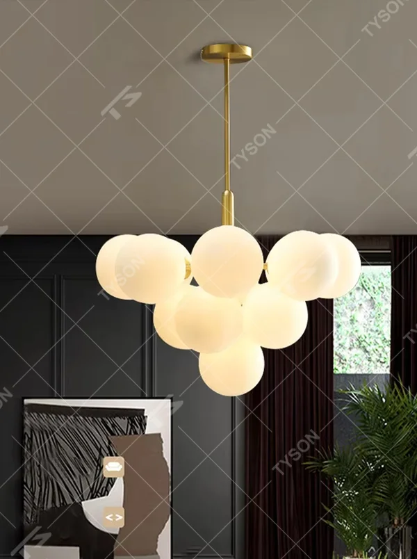 Modern light luxury cloud-shaped chandelier, with a golden metal frame and milky white frosted glass ball lampshades stacked into a full cloud shape, featuring soft and warm light, combining decorative and lighting functions, suitable for living rooms, dining rooms, bedrooms and other modern style spaces.