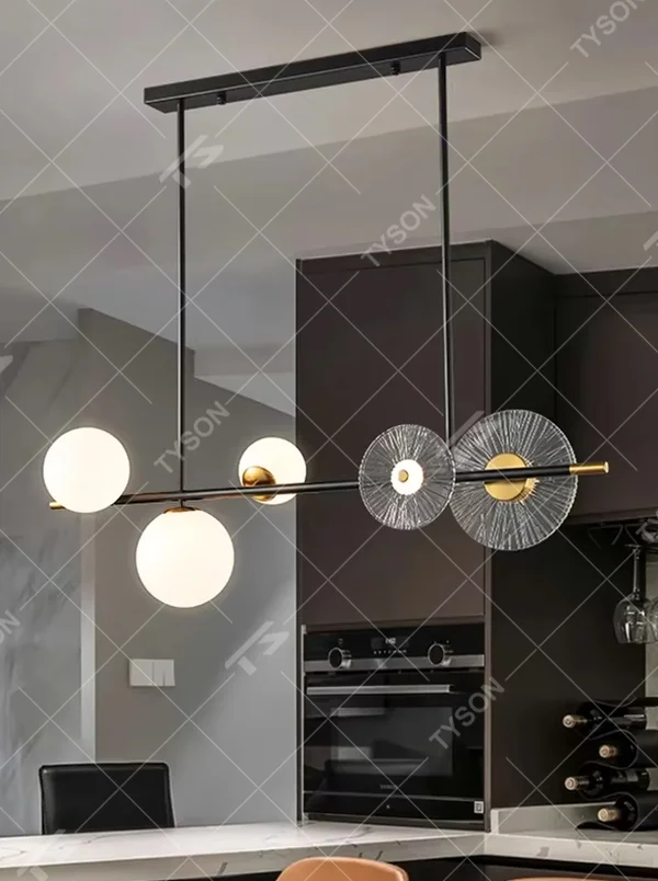 Modern light luxury black-gold contrasting linear chandelier, with a black metal frame paired with milky white glass ball lampshades and radial-pattern glass discs, featuring a minimalist and layered design, soft and uniform light, combining decorative and lighting functions, suitable for dining rooms, bars, open living rooms and other modern style spaces.