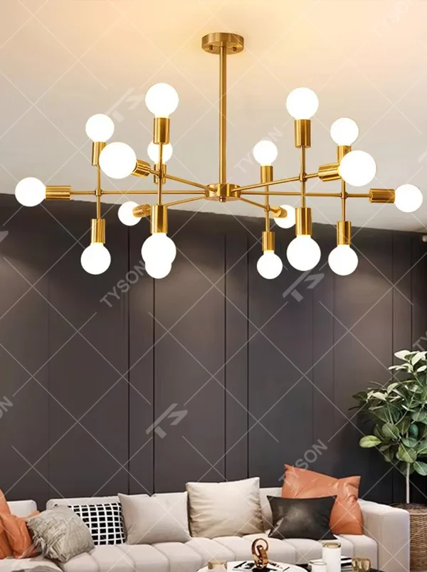Modern light luxury molecular structure chandelier, with golden metal branches and milky white glass ball lampshades, the shape is flexible like interstellar molecules, featuring soft and uniform light, combining decorative and lighting functions, suitable for living rooms, dining rooms, light luxury style spaces.