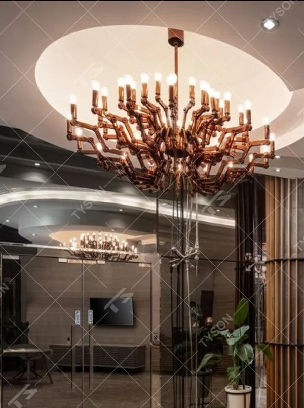 This branch-shaped multi-head chandelier features a fork-shaped lamp frame made of wood-like material, paired with multiple groups of staggered light-emitting lamp heads, presenting a visual effect that combines natural artistry and modern industrial style, suitable for core lighting and decoration in high-ceiling public spaces.