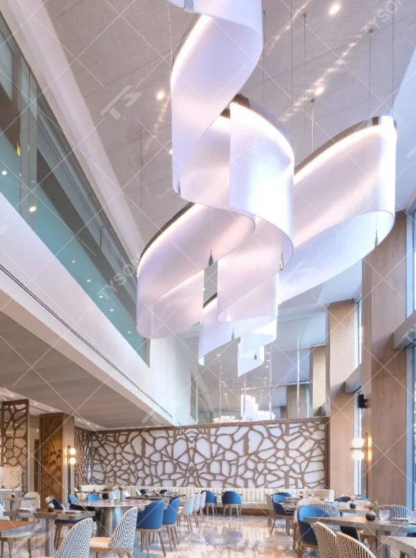 This is a modern minimalist large layered chandelier, crafted with white fabric/acrylic to create a rounded lantern shape, hung in a staggered multi-layer arrangement, with soft and uniform light, featuring both decorative and lighting functions, ideal for high-end restaurants, hotel lobbies and other commercial spaces.