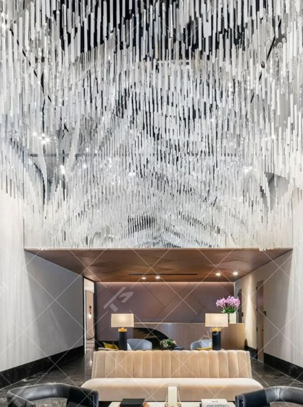 Modern Art Rain Curtain Crystal Chandelier, composed of numerous transparent crystal/acrylic strips suspended in a staggered arrangement, serves both lighting and decorative purposes, ideal for hotel lobbies, sales centers, high-end clubs and other high-ceiling public spaces.