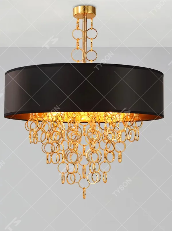 Modern light luxury black-gold ring tassel chandelier, with a black fabric lampshade paired with golden metal ring tassel design, featuring luxurious and soft light, combining decorative and lighting functions, suitable for living rooms, dining rooms, hotels and clubs in light luxury style.